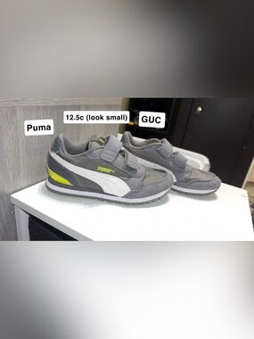 Puma Kids Gray & White Velcro Sneakers with Lime Logo